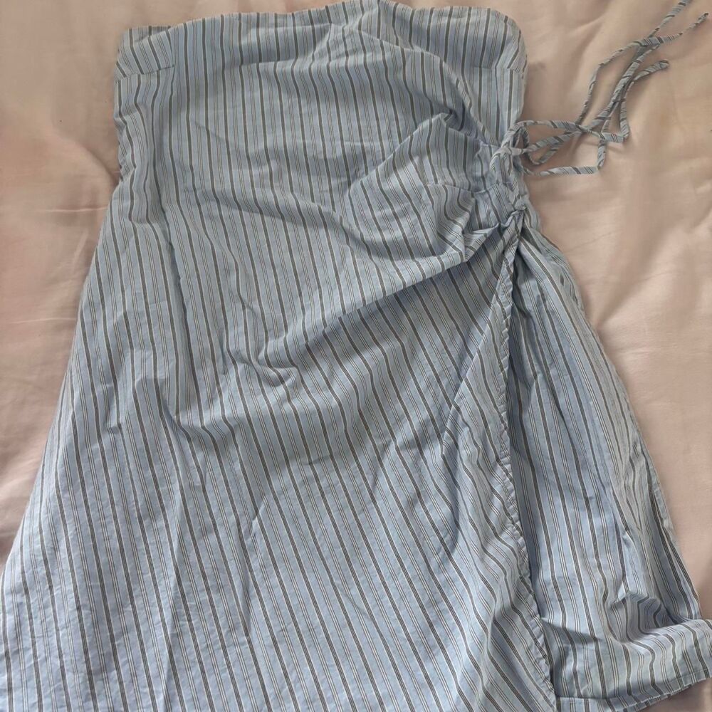 WILD FABLE Women's Blue Grey Strapless Dress Striped Wrap Tie Mini Medium Dress